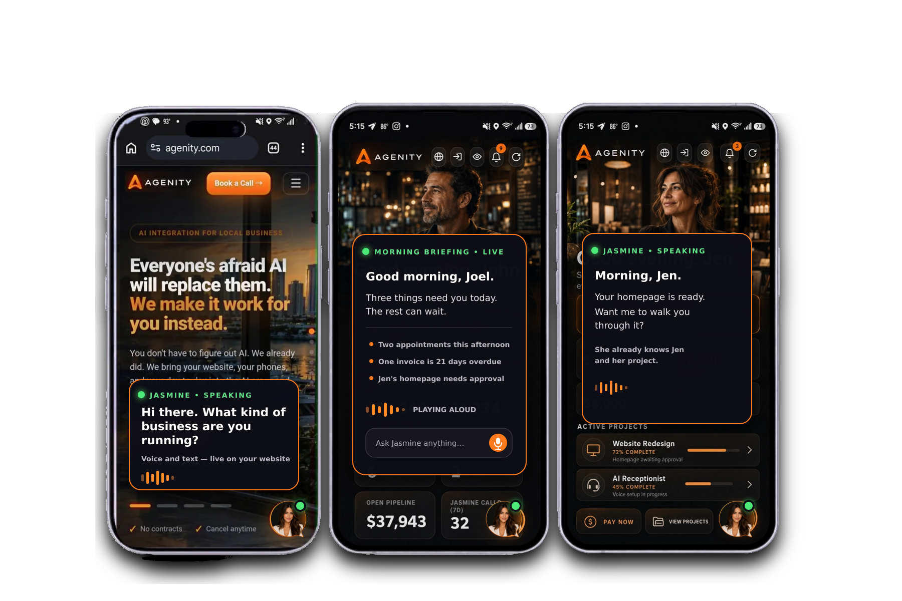 Jasmine as visitor chat, owner briefing, and client view