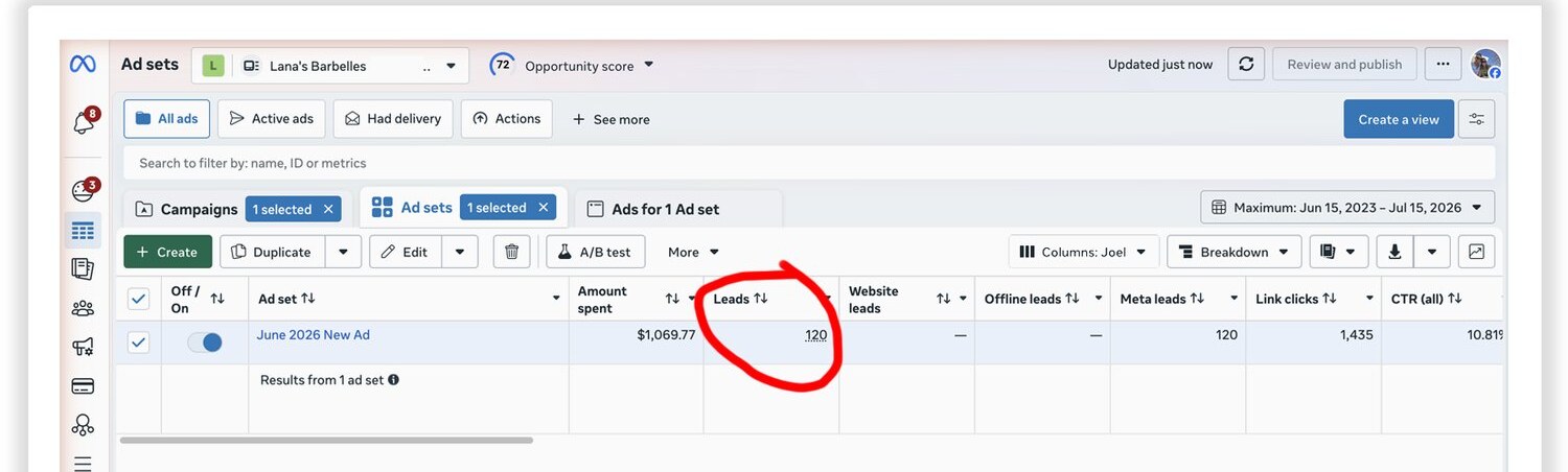 Meta Ads Manager showing the BarBelles campaign leads