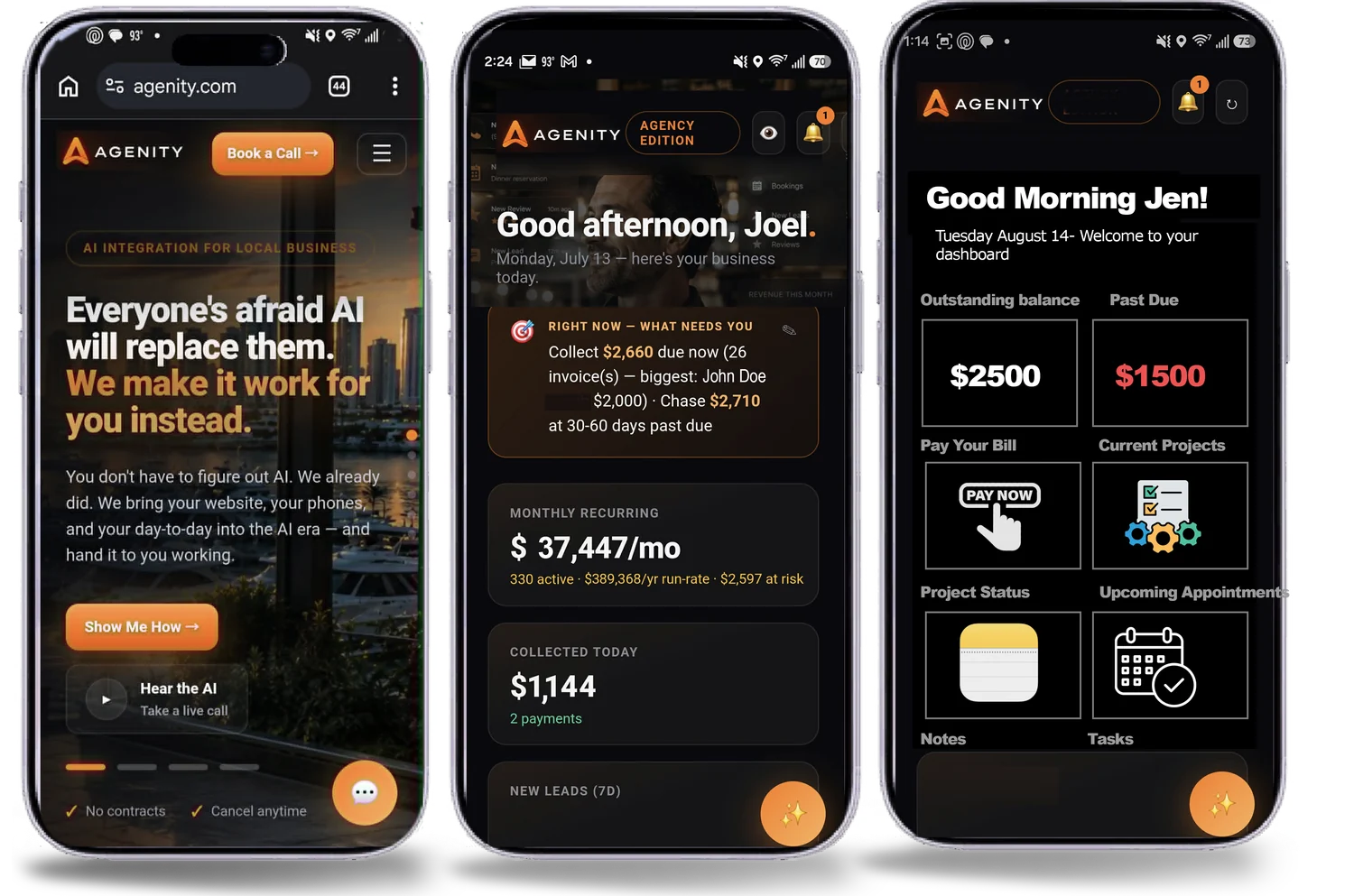 One website, three identities — owner, team and client views on phones